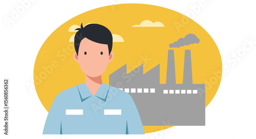 a man with short hair, wearing a blue shirt, standing in front of a factory with two smokestacks. Suitable for landing page, banner, marketing, web design, presentation, infographic, etc.