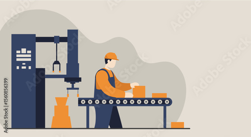 Modern flat design illustration showing a factory worker overseeing an automated production line with boxes, ideal for industrial marketing.