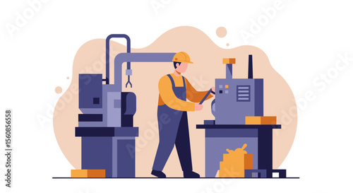 a worker in a factory setting, wearing a hard hat and overalls, operating a machine with a crane arm. Suitable for landing page, banner, marketing, web design, presentation, infographic, etc.