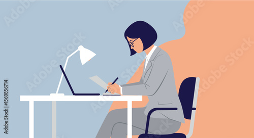 This minimalist flat illustration portrays a dedicated woman focused on her tasks at a modern desk, utilizing a laptop and writing simultaneously.