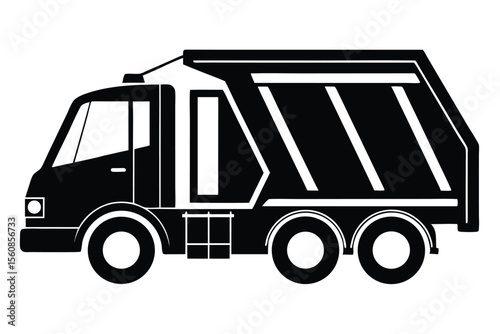 Silhouette Illustration Black Garbage Truck with Multiple Wheels and Angled Side Panels