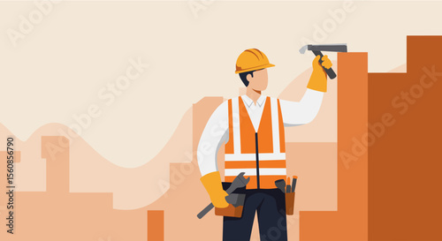 a construction worker in a hard hat and safety vest, holding a hammer and standing in front of a city skyline. Suitable for landing page, banner, marketing, web design, presentation, infographic, etc.