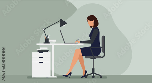 A woman is seated at a desk, working on a laptop with a lamp providing light, in a minimalist office setting. Suitable for landing page, banner, marketing, web design, presentation, infographic, etc.