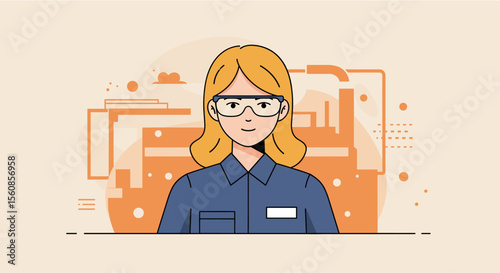 Flat design illustration of a female worker with safety glasses in front of an industrial factory setting, perfect for presentations.