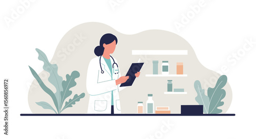A female doctor is reviewing a patient's chart in a modern, flat design illustration, suitable for a medical website landing page or healthcare marketing banner.