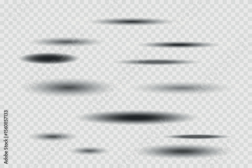 Different realistic round shadow, soft shapes on transparent background. Gray circular and ellipse shadows set. Vector illustration.