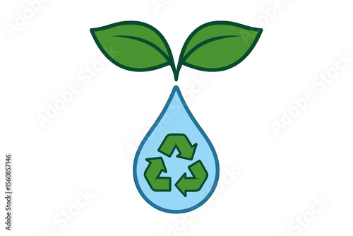 A drop of water falls with a recycling symbol emerging from green leaves