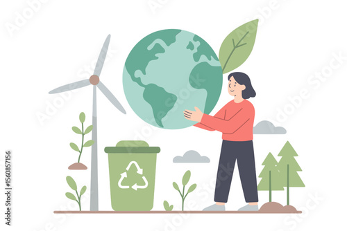 Adopt an eco-friendly lifestyle with the tiny person concept to save the planet and earth, emphasizing responsible resource consumption, alternative energy, and forestation to mitigate the impact of