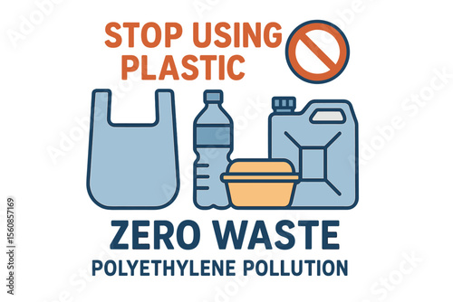 Discontinue the use of plastic circle templates featuring flat glyph icons, instead opting for polyethylene pollution awareness vector illustrations suitable for posters that promote zero waste and