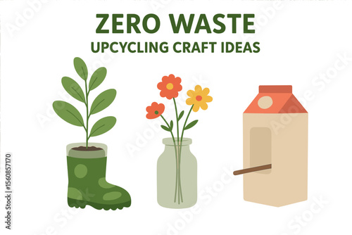 Eco-friendly craft ideas, including zero waste and upcycling, feature creative reuse of used items, such as a green plant in a pot made from plastic bottles and boots, a glass vase with flowers, and