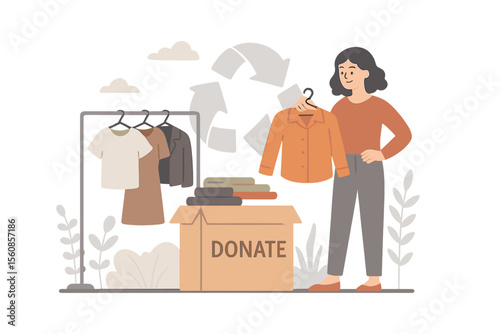 The concept of a tiny person buying second-hand clothes to reuse textile products, reducing fast fashion by purchasing vintage outfits and saving the environment through vector illustration, is part