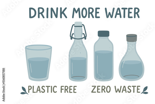 Drink more water, using glass only, as part of a plastic-free and zero-waste concept, with various bottles and flasks, presented in a hand-drawn, cute, and trendy vector illustration, where all