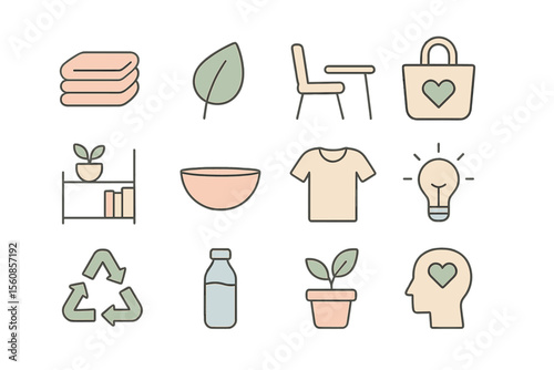 Vector thin line icons representing a minimalist lifestyle for a modern, sustainable, decluttered and simple living that promotes wellbeing