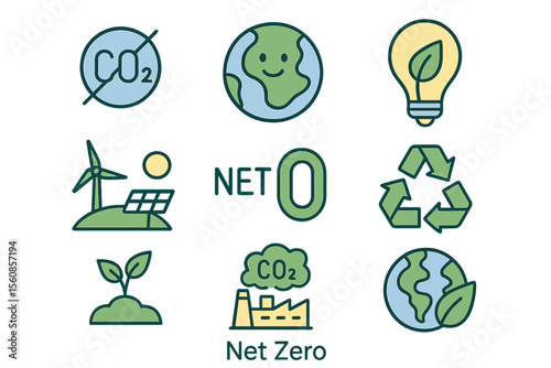 A collection of linear-style line icons, titled 'Net zero', focusing on carbon, green energy, recycling, and the Green Planet, presented as an outline icon set with conceptual pictograms and