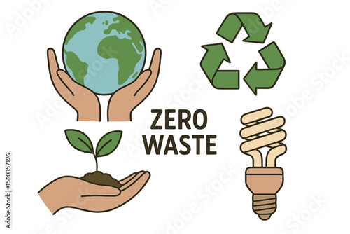 Set of ecological zero waste lifestyle and sustainability elements, including hands holding the Earth globe, a plant, and a power saving lamp