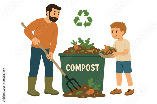 A man and a boy are creating compost together, illustrating the concept of recycling