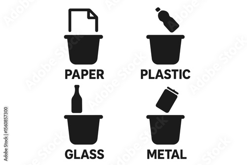 Vector icons for trash separation are provided in ready-to-use sets, featuring high-contrast elements that scale well across various media and are compatible with EPS10 for seamless integration into
