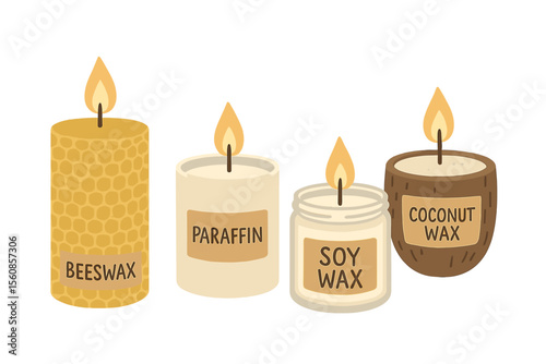 Collection of scented burning candles made from beeswax, paraffin, soy, and coconut wax, available in jars, containers, and pillars, featuring the Aroma SPA candles line, ideal as zero waste eco