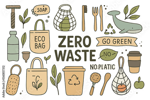 Zero waste vector hand drawn infographic set, featuring a collection of eco and natural elements that represent the go green concept, with isolated objects