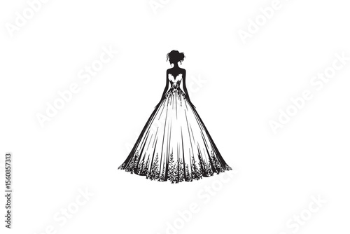  A Weeding dress, silhouette with a simple, understated design set against a white background 