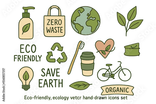A set of hand-drawn, eco-friendly vector icons representing organic cosmetics, zero waste, saving the earth, and promoting a healthy lifestyle