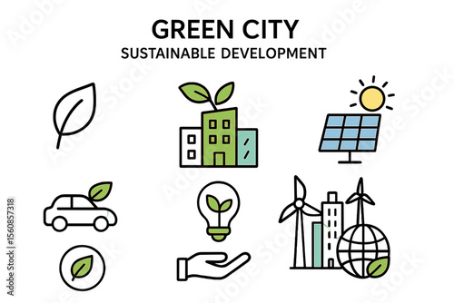 A simple set of outline icons represents a green city, focusing on sustainable development