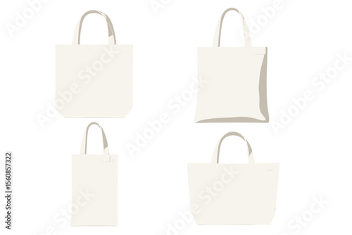 Vector illustration of realistic white reusable cotton tote bags in various shapes isolated on a gray background, showcasing eco-friendly canvas shopping bags