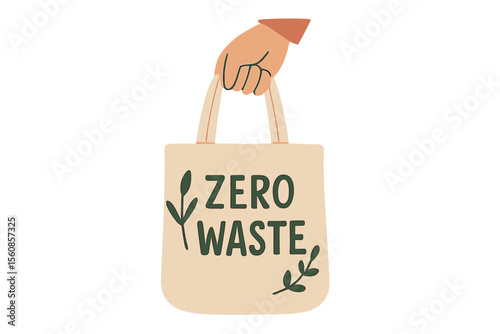 Vector illustration of a hand holding a tote bag, symbolizing zero waste