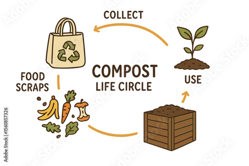 Hand drawn vector illustration of compost life circle infographic representing the composting process, from collecting kitchen scraps to utilizing compost in farming, embodying the zero waste