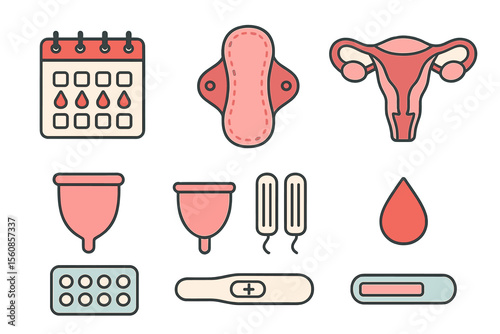 Icon set for female menstrual period, including woman hygiene products like calendar, reusable pads, uterus, menstrual cup, tampons, tablet and pregnancy test in vector illustration for social media