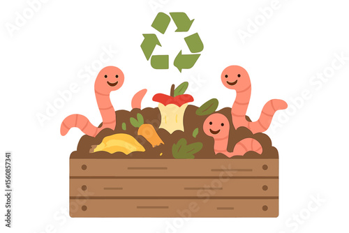 Flat vector illustration of a recycling concept featuring compost with amusing worms