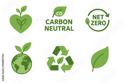 vector featuring ecology icons, carbon neutral symbols, net zero signs, and eco-friendly planet graphics representing nature and eco awareness
