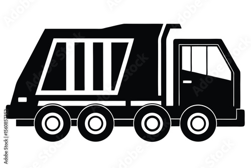 Simplified Black Garbage Truck Illustration With Visible Internal Structure And Wheels Detail Design
