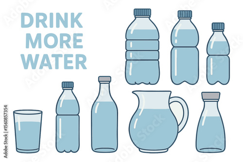 Various containers filled with clean water, including plastic bottles, glasses, jugs, jars, and flasks, are set against a white background to promote hydration