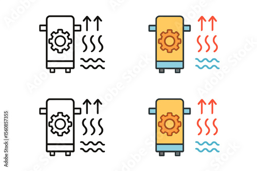 Icon for heat recovery system, available in linear black and RGB color styles, representing sustainable energy industry, cogeneration, and power generation with zero waste, featuring industrial