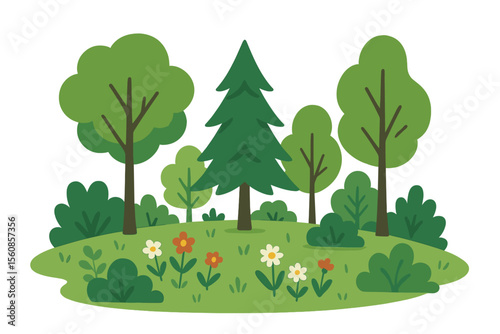 Illustration of an ecological outdoor scene featuring trees, flowers, and bushes in a vector forest landscape, symbolizing an environment-friendly concept for earth day or camping
