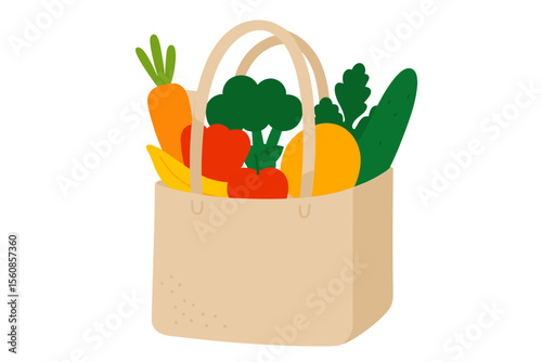 Vector illustration of a reusable grocery eco bag containing fruit and vegetables, isolated on a white background, symbolizing the Zero Waste concept in a cartoon flat style, representing a healthy