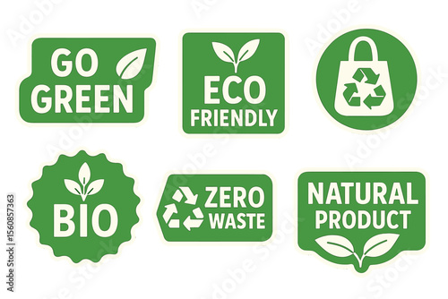 A set of six vector stickers promoting a 'go green' lifestyle in various label styles