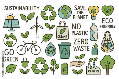 A large collection of hand-drawn ecology icons representing sustainability, recycling, saving the planet, eco-friendliness, organic living, no plastic, going green, zero waste, reduction, and an