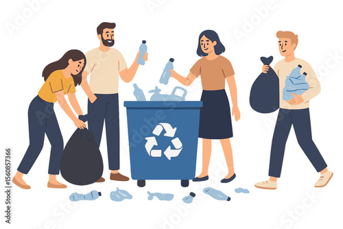 Flat cartoon vector illustration of people characters collecting plastic trash and putting it into a recycling garbage bin, with women and men taking out the garbage, representing the concept of