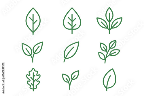 A set of thin line icons representing leaves, featuring a transparent background, editable vector stroke, and 512x512 pixel perfect resolution