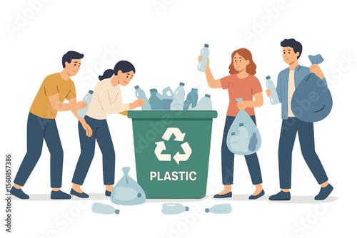 Flat cartoon vector illustration of people collecting plastic trash and sorting garbage into a recycling bin, representing the concept of plastic pollution