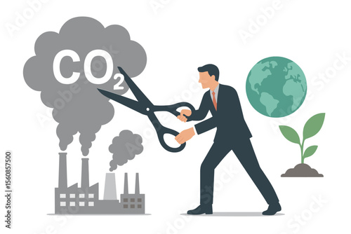 Concept of global warming and environmental recovery plan through reducing carbon footprint, decreasing emission and pollution, and cutting CO2 carbon dioxide smoke from industrial sources by a
