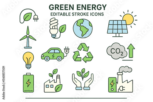 Vector Illustration of Line Icons Representing Green Technology, Climate Change, CO2 Neutrality, Environmental Issues, and Air and Water Quality, in the Form of an Editable Stroke Icons Set Focused