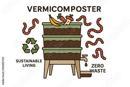 Vermicomposting and compost worms involve a schematic design for worm composting to recycle organic waste, promoting sustainable living and a zero-waste concept