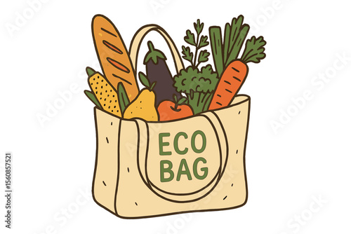 Eco-friendly shopping is depicted through a hand-drawn illustration of a canvas bag containing fresh produce from a farmer's market, emphasizing the use of reusable tote bags for grocery store