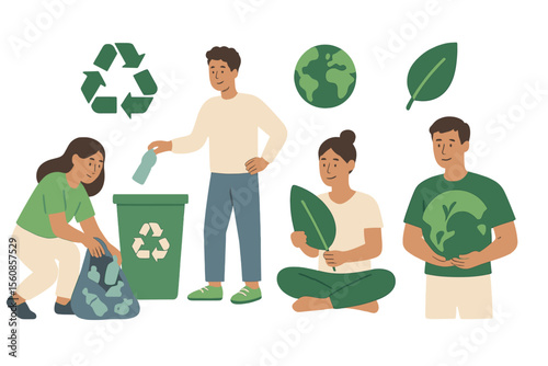 Eco-friendly lifestyle set, featuring people gathering plastic waste into a recycling bin, aiming to preserve the planet and adhering to a vegan diet, presented in a flat cartoon vector illustration