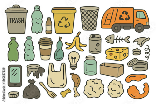 A hand-drawn doodle set of vector garbage elements, including waste and recycling objects such as various trash cans, plastic items, bottles, a garbage truck, and broken gadgets