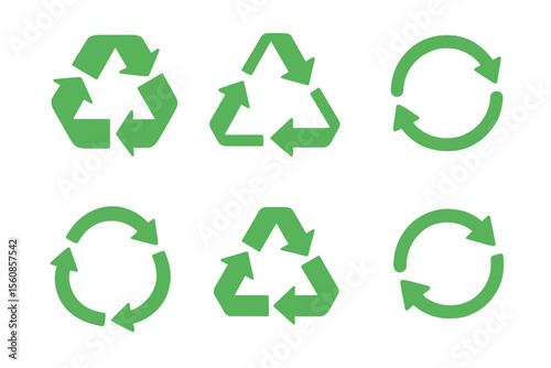 A set of 6 vector recycling symbols on a white background, featuring various green recycle signs, representing the concept of reusing and renewing materials in a flat, clip-art style illustration