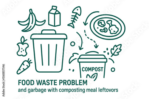 Vector illustration of composting meal leftovers and responsible rubbish management attitude, outlining the concept of reducing consumerism lifestyle and throw away products to tackle the food waste